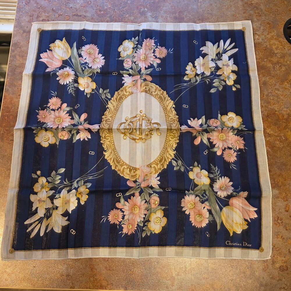 Christian Dior Floral Navy Handkerchief Pocket Square Scarf 19”